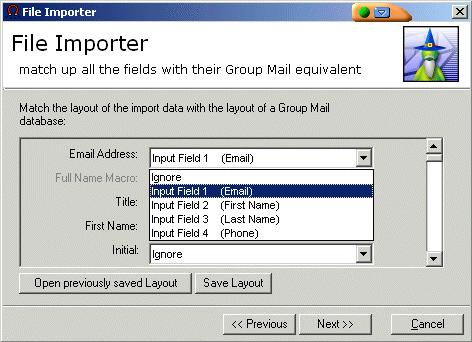 For the first field, Email we click on the Drop down list beside Email Address (above) and choose Input Field 1 (as you can see above the information stored in Field one on line one in our import