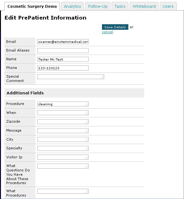 Edit PrePatient Information To edit the PrePatient information for any lead, click on the