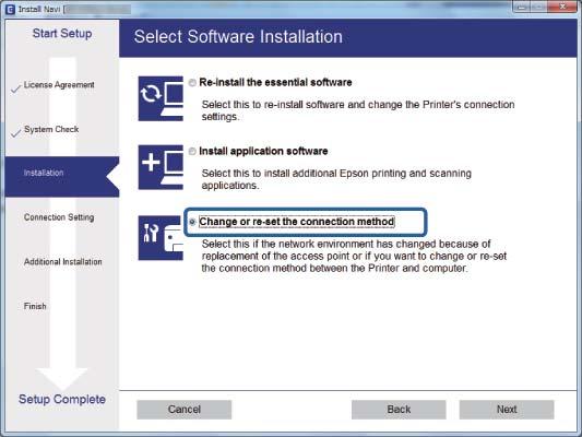 Network Settings Windows Select Change or re-set the connection method on the Select Software