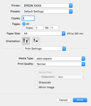 Printing 5. Select Print Settings from the pop-up menu. On Mac OS X v10.8.x or later, if the Print Settings menu is not displayed, the Epson printer driver has not been installed correctly.