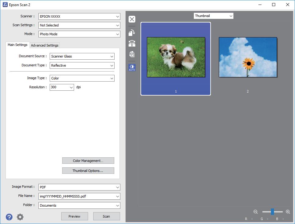 Scanning 5. Click Preview. The preview window opens, and the previewed images are displayed as thumbnails.