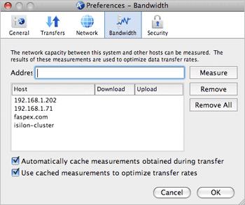 To probe the bandwidth between the server and your computer, enter the server's address and click Measure.