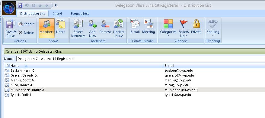 Type the name of the Distribution List you wish to use. The name will be displayed under the Contact portion of the Global Address List for selection throughout the Outlook applications.