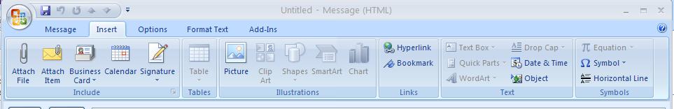 In the Ribbon Bar displayed above the Outlook application was opened on a machine which had Office 2003 installed and did not have an installation of Office 2007.