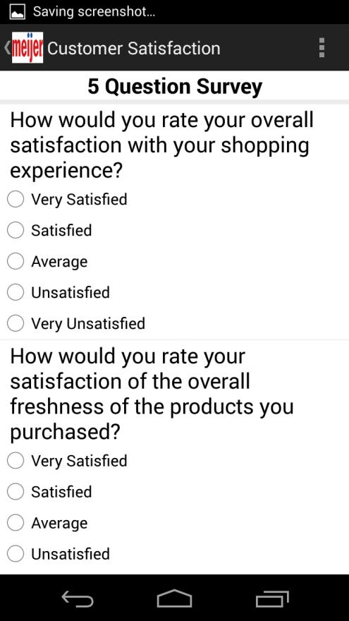 3.2.2 Survey This is the page which hosts the customer satisfaction survey itself. There will be 5 brief questions about their Meijer shopping experience.