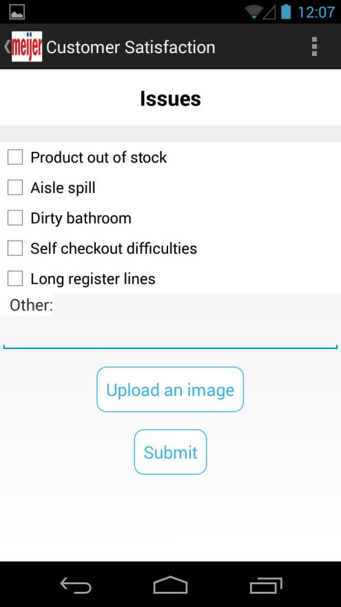 3.2.4 Submit Issue If there is a specific issue experienced by a customer in a particular Meijer store, this allows them to submit it directly.