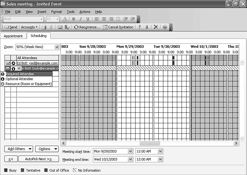386 Chapter Sharing Schedules and Planning Meetings Figure.6 Use this tab on a meeting request form to designate an attendee as optional rather than required.
