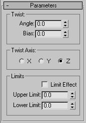 To limit the twist: 1. Turn on Limits group Limit Effect. 2. Set values for the upper and lower limits.