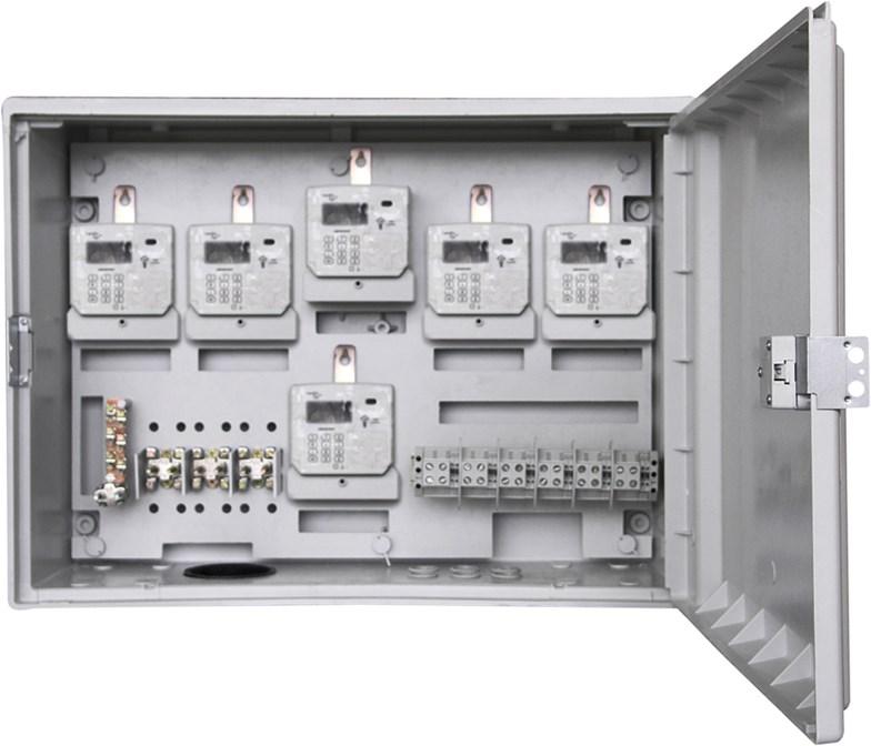 METER WITH KEYPAD OR SPLIT BS FIXING METER CABINET FOR MULTI-METERING AR-3 CABINET For 3 to 8 meters Can include distribution (connectors: incoming 95 sqmm / outgoings 35 sqmm) May also house cut