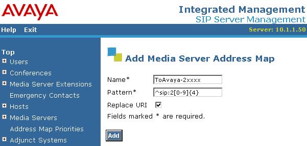 Add Media Server Address Map. The address map is required for routing calls from UM to H.323 and digital stations.