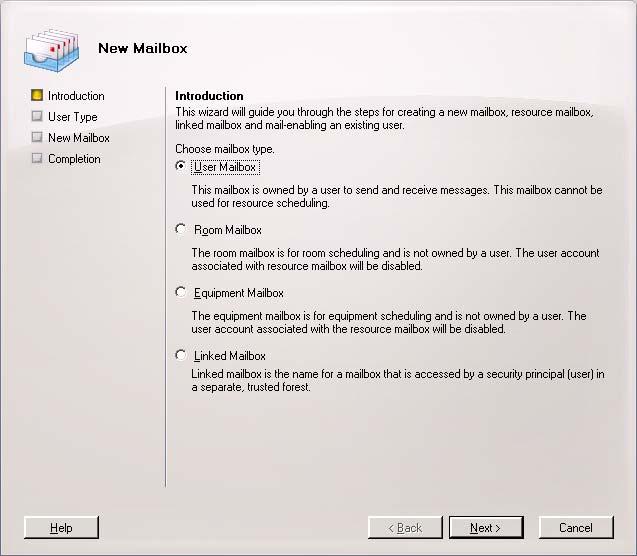 Create New Mailbox. In the Exchange Management Console, click Recipient Configuration.