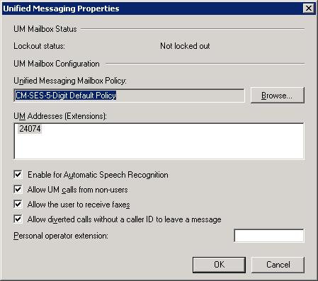 Next, verify that the UM mailbox allows receiving faxes. The Allow the user to receive faxes checkbox must be enabled in the UM properties of the UM mailbox. By default, this field is enabled.