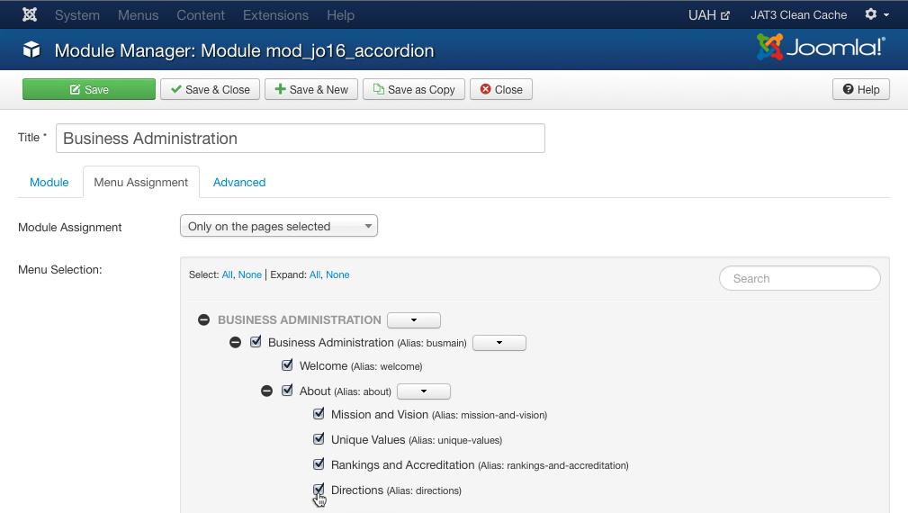 6. In the Menu Assignment tab, set the Module Assignment to Only on the pages selected.