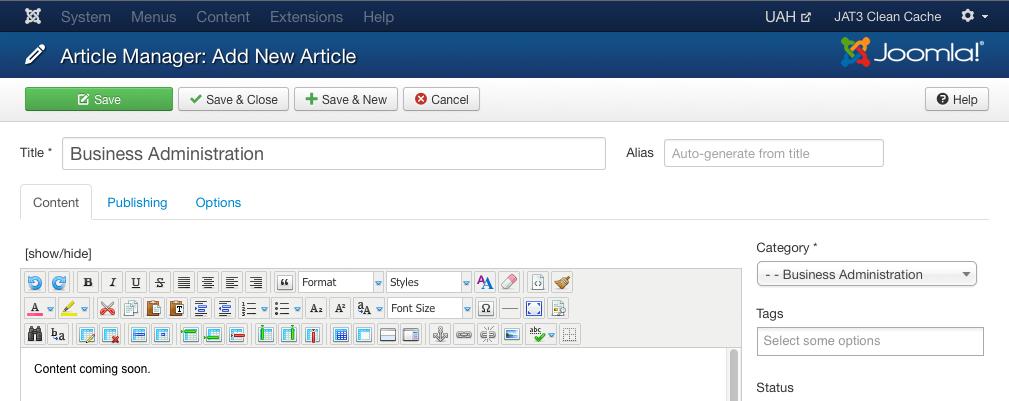 2. Click New to create an article. In the Title field, enter the name of the College/Department. Select a Category.