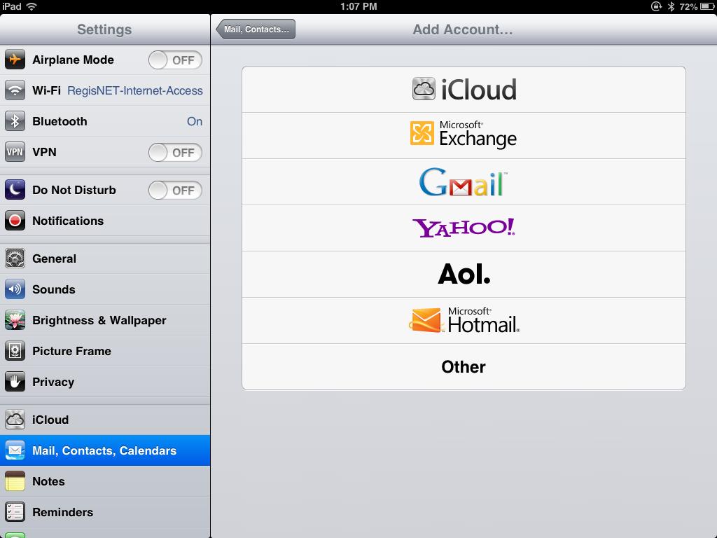 Doing so should bring you to this screen: First select the Mail, Contacts and Calendars item from the left