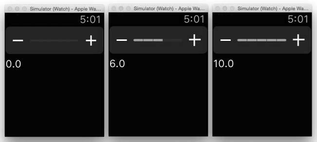 68 Chapter 3 Responding to User Actions 9. Select the WatchKit App scheme and run the project on the Apple Watch Simulator.