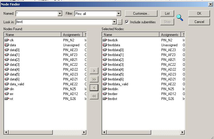 Figure 10 - Selecting nodes to insert into the Waveform Editor. To perform the functional simulation, select Assignments -> Settings to open the Settings window.