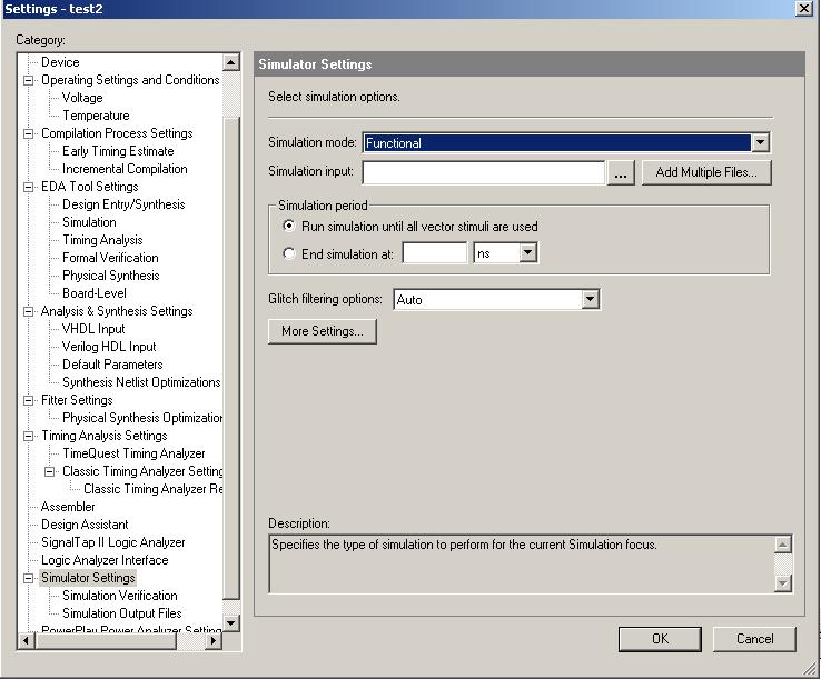 Figure 11 - Functional Simulator settings Before running the functional simulation it is necessary to create the required netlist which map pins to signals.