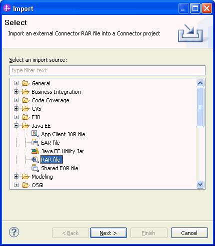 3. In the Import window, select RAR file option and click Next. Figure 10: Import adapter RAR File 4.