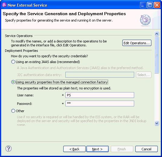 9. In the Specify the Service Generation and Deployment Properties window, select Using security properties from
