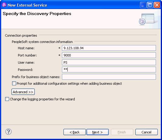 6. In the Specify the Discovery Properties window, specify the connection properties