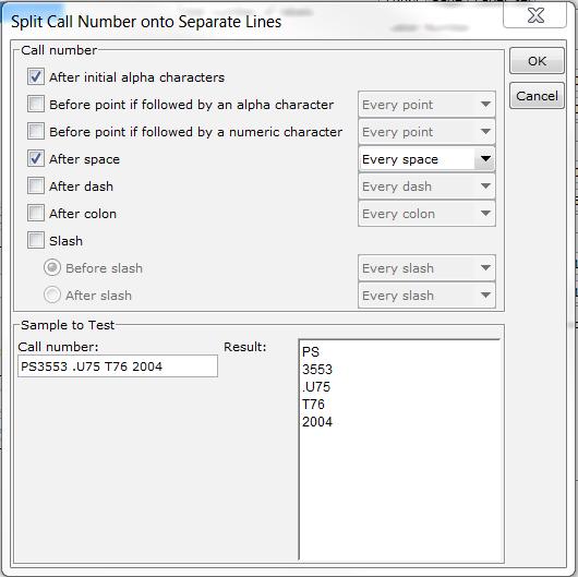 The Call Number Configure box provides a list of options for prescribing breaks within the call number. Most options also allow for Special Instances. (i.e.: Instead of breaking after Every Space, break after the 1st and 3rd spaces [1, 3]) The Configure box also has a Test Box to view the results of the selected options.
