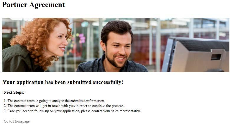 Partner agreement (continued) for A confirmation message is displayed to the user that the application has been submitted