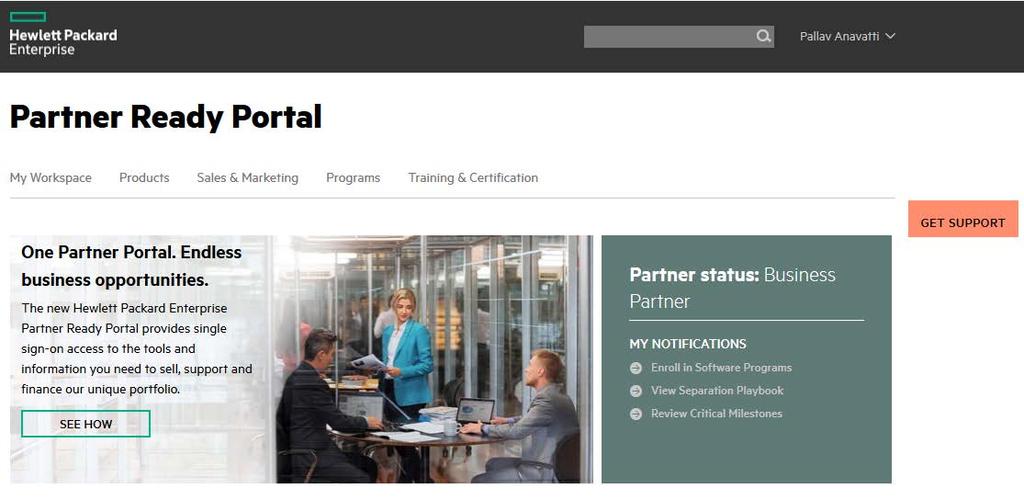 Partner Ready Portal home page (partner view) for This screen displays the Partner Ready Portal home page as it appears to Hewlett Packard Enterprise partners