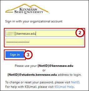 Access Your OneDrive for Business Account through Office 365 1. In your web browser of choice, navigate to o365.kennesaw.edu. 2. The Office 365 log-in screen will appear.