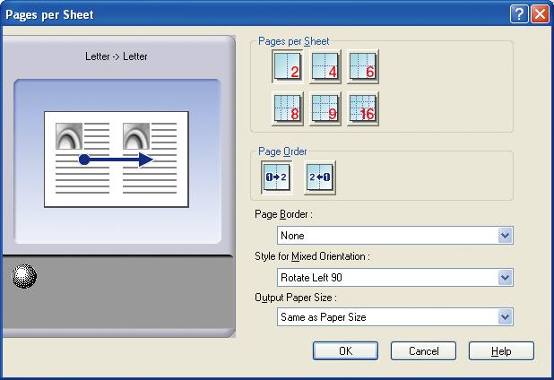 Pages per Sheet Several pages are reduced in size and printed next to each other on single sheets. This feature is convenient for printing test sheets and conserving paper.