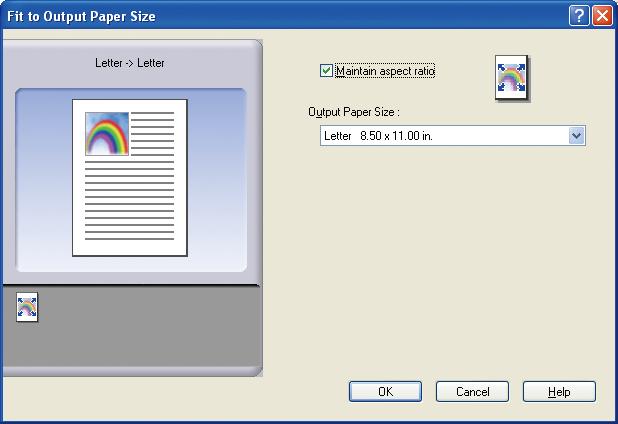 Fit to Output Paper Size Scales the source document to fit the specified paper. For example, this feature is convenient for printing A3/ Ledger source documents on A4/Letter paper.