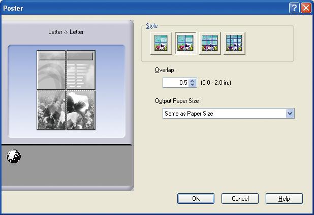 Poster Enlarges a single-page source document for printing in a specified number of sheets. You can use this feature to print large posters, just assemble the printed sheets.