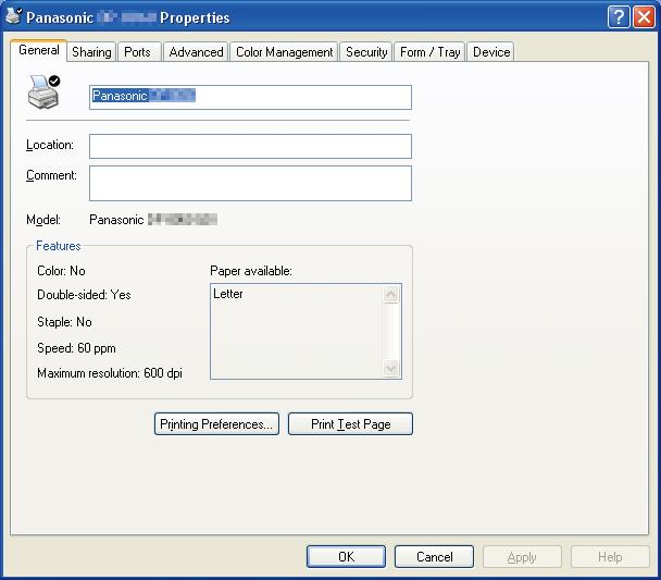 The following printer properties dialog box appears. Click the desired tab(s) and configure the properties as necessary.