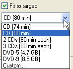 4. To ensure that the MPEG-4 file(s) can fit on the target disc, tick the 'Fit to Target' check box, then click on the dropdown button and select the size of disc you want to use. 5.