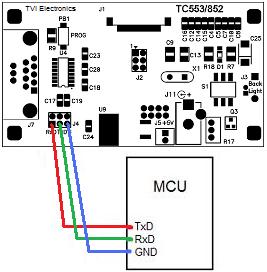 Figure 3-2 PC to TC553/852 Controller Connection Communication with Touch Screen LCD Module through Atmega16 UART requires removal of two jumpers on J4.