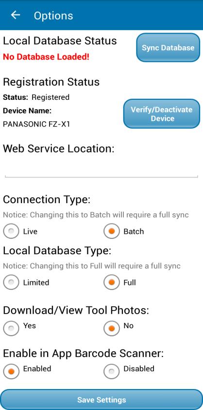 The Options page hosts many of the main functional settings such as the main database sync, device registration, and web service location.