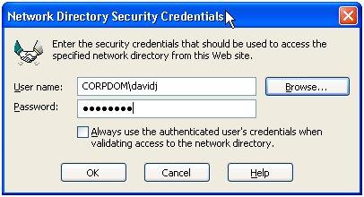 The Network Directory Security Credentials window is displayed: 6. When you finished configuration, click OK. 7. Click OK in the OnWeb Web Site Properties window.
