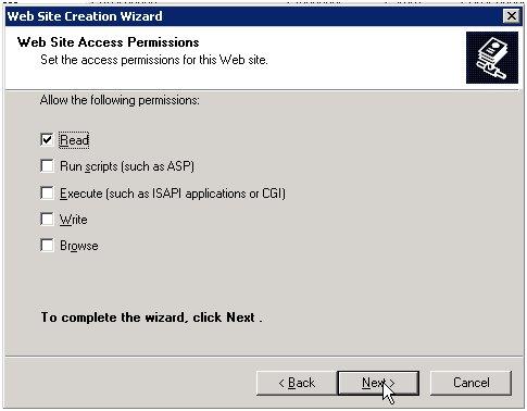 9. Ensure that only Read is checked. 10.Click Next. The completion wizard is displayed: 11.
