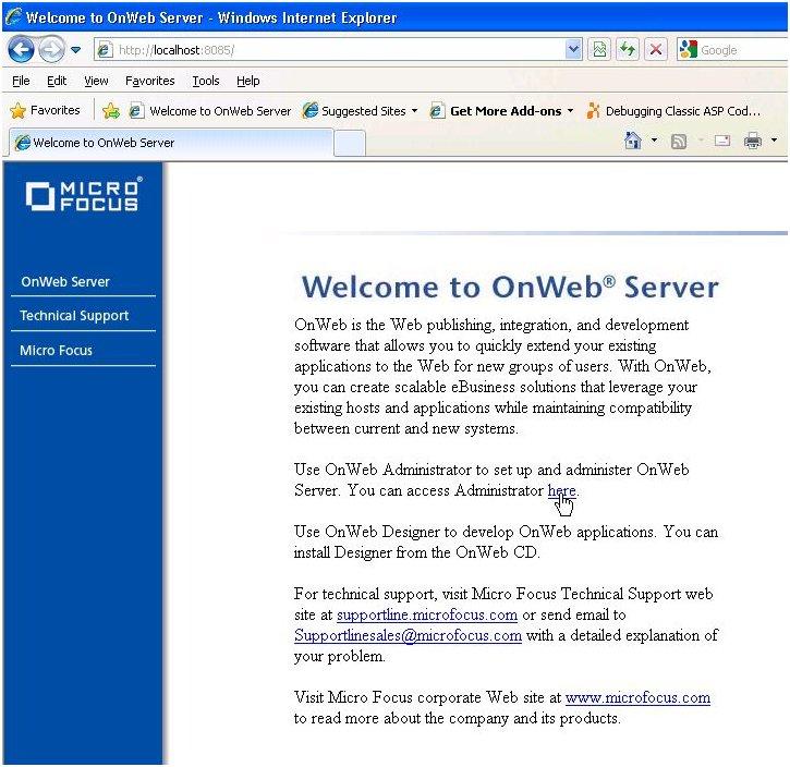 The Welcome to OnWeb Server page is displayed: 10.