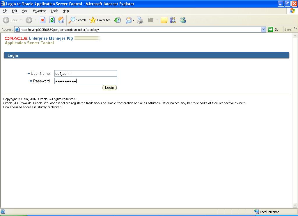7.2.1 Step 1 Login to Oracle 10g Application