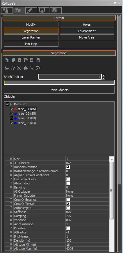2. In the Vegetation tool, you can modify the following settings: Toolbar - (Set of small icons) Displays