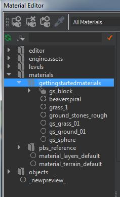 7. Go back to the Material Editor and select the material gs_grass_01 located in the Material Editor's directory path materials/gettingstartedmaterials/gs_grass_01. 8.