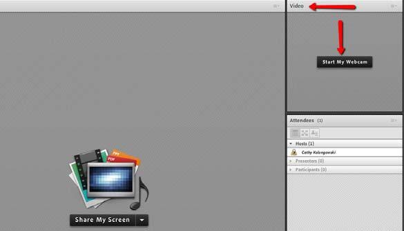 The next step is to start your webcam. To do this click on the Start Webcam button in the Video Pod. Your webcam will show a preview first, click Share on the preview to start broadcasting.