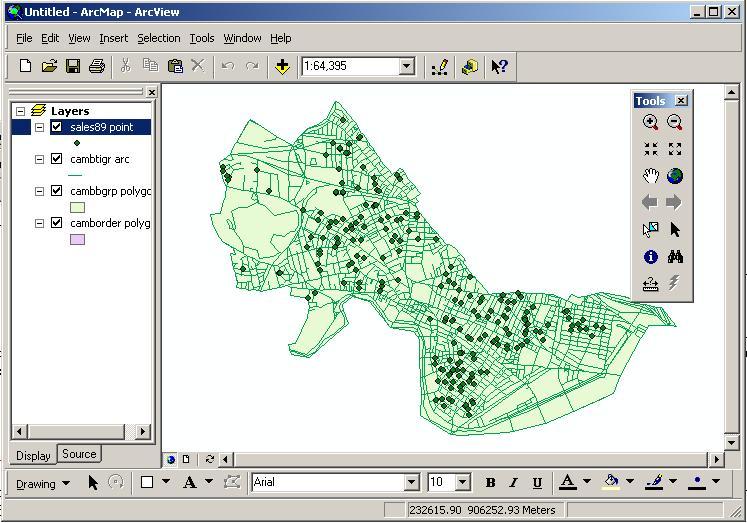 Fig. 7. ArcMap window with GIS layers These four layers are currently visible. To activate a layer or deactivate it, just click on the box next to that layer's title.
