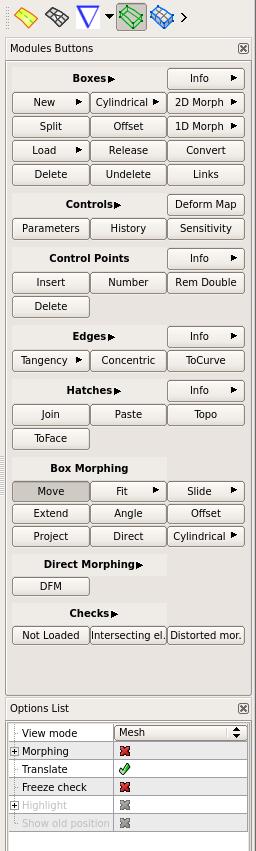 1.12. MORPH menu In this menu the user can morph surface/volume mesh and geometry in order to modify and improve a design. Boxes Functions to create and manage Morphing Boxes.