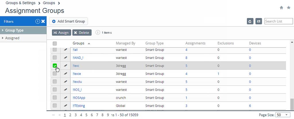 Chapter 6: Groups The columns Groups, Assignments, Exclusions, and Devices each feature links which you can select to view detailed information.