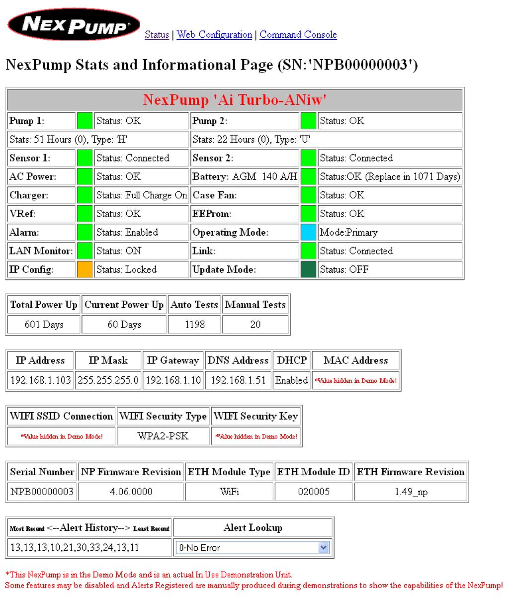 NexPump Internet Screens: Status Screen: Bright Green System OK Dark Green Setting is Off Red Alert Condition or Red Flag that Setting is On Amber Amber Flag that Setting is On Purple Manual Mode is