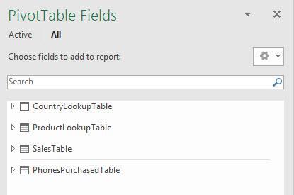 19) After you click OK in the Create PivotTable dialog box, you will see that there are three Data Model Tables in the PivotTable Fields Task Pane.