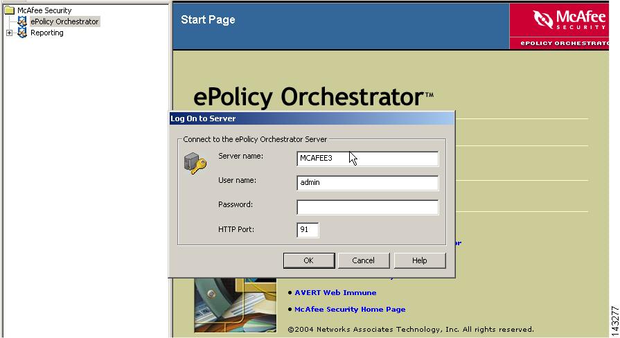 Chapter 9 McAfee epolicy Orchestrator Devices Step 3 Step 4 Step 5 In the Log On to Server dialog box, enter the username and password required to access the epolicy