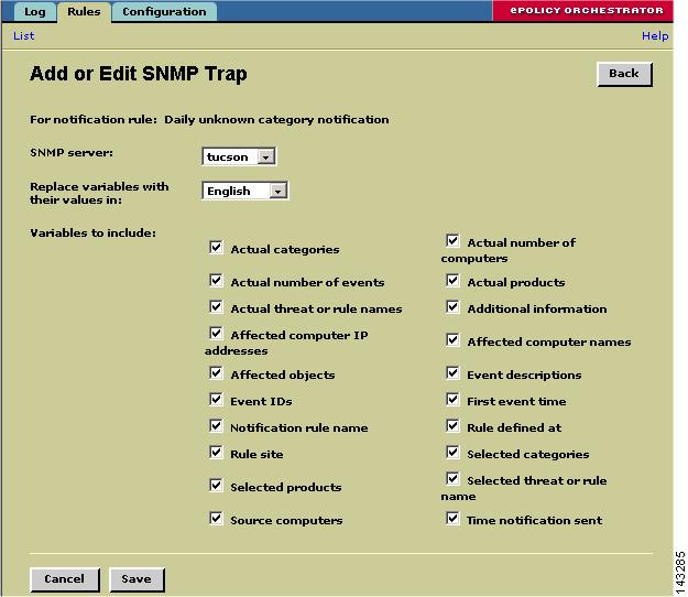 McAfee epolicy Orchestrator Devices Chapter 9 Figure 9-7 SNMP Trap Settings g. In the SNMP server list, select the SNMP server that represents the MARS Appliance. h.